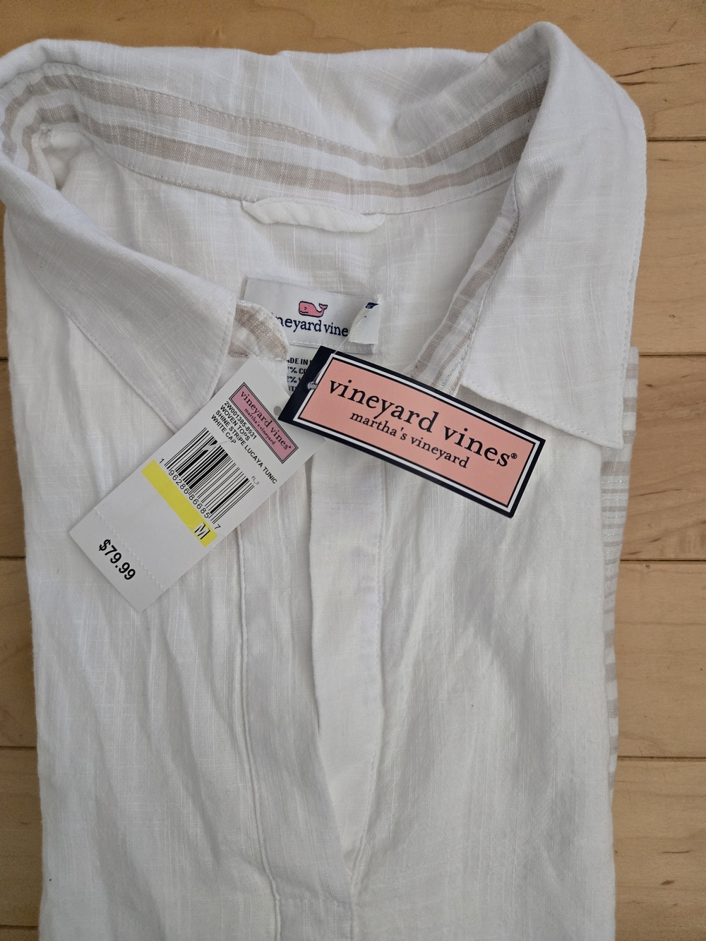 Vineyard Vines White Linen Buttonless Shirt with Tan Stripes - Picture 5 of 7